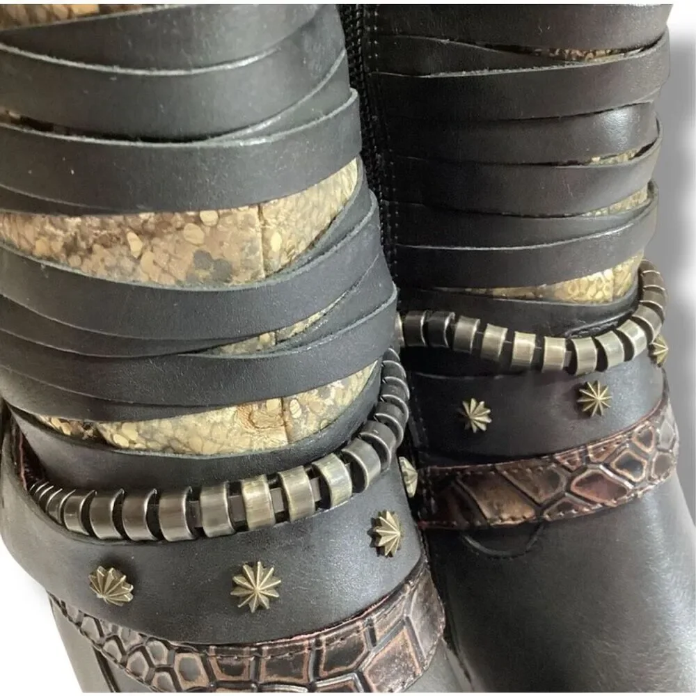 L'Artiste By Spring Step Makos Black and Snakeskin Heeled Boots Booties